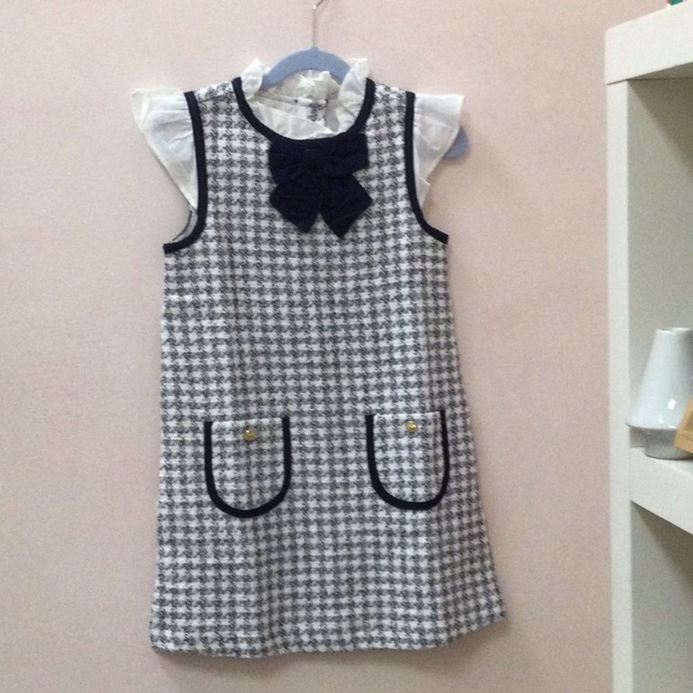 Houndstooth Bow Pocket Shift Dress in Blue & White